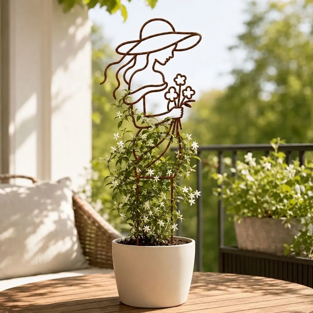 Distressed Iron Character Silhouette Plant Trellis Weather Resistance Strong Load Bearing Lady Plant Support Pile Hollow Out