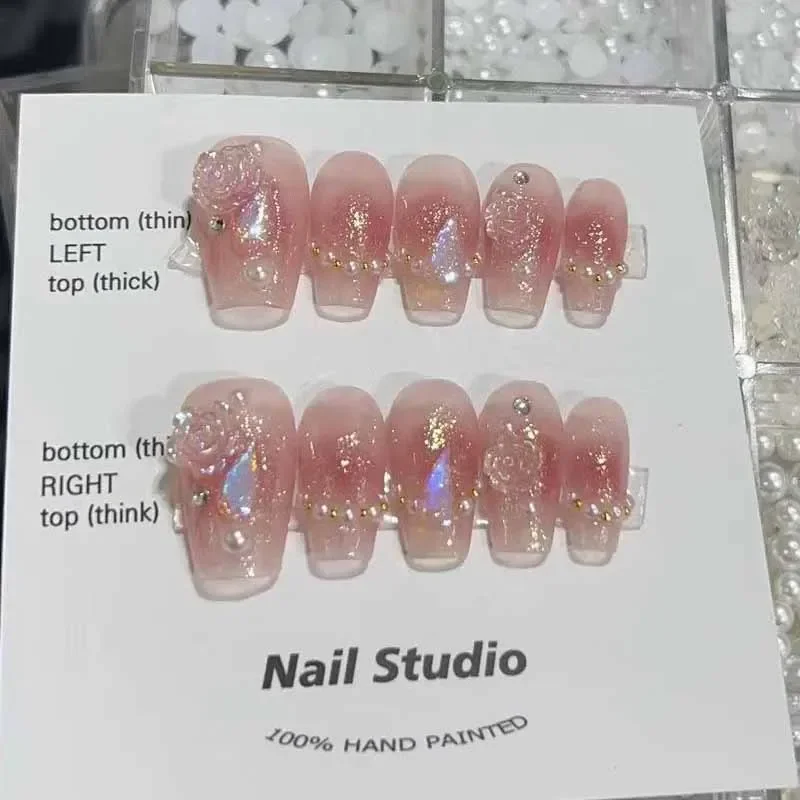 10 Pcs Handmade Women Fashion New Style Press On Nails Ins Style Trend Butterfly Knot Tulip Flowers Short Nail Art Nail Plate