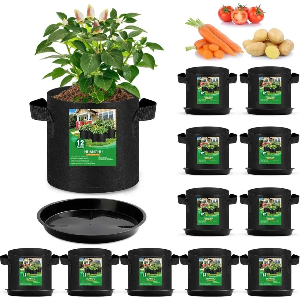 12 Sets 1 Gallon Grow Bags with Plant Saucers, Durable Fabric Plant Pots with Handles, Aeration Drainage Planter Bags or Planter