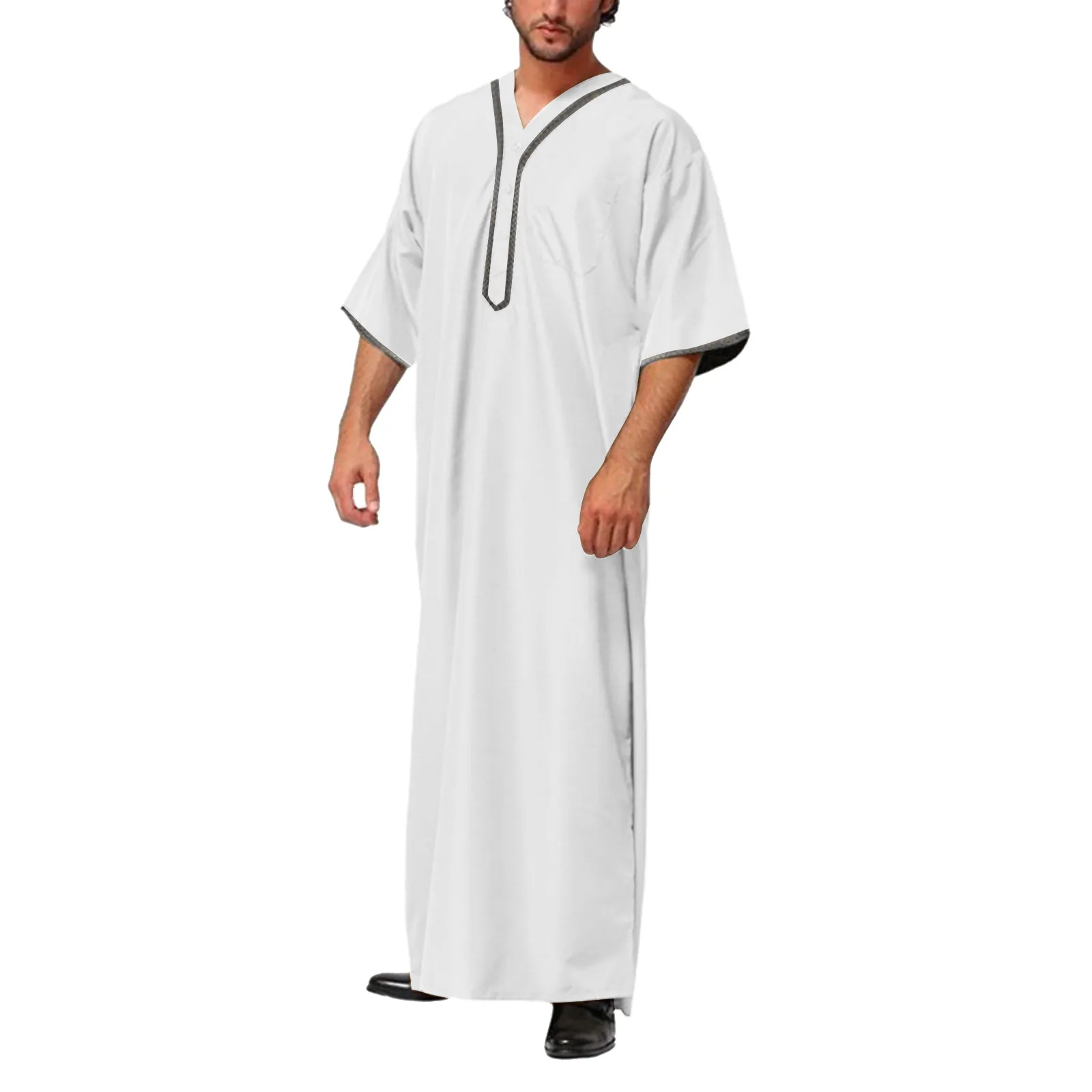 Casual Muslim Arab Dubai Robe Top Loose Fitting Middle Sleeve Buttons Shirt for Men Color Block V Neck Near East Malaysia Blouse