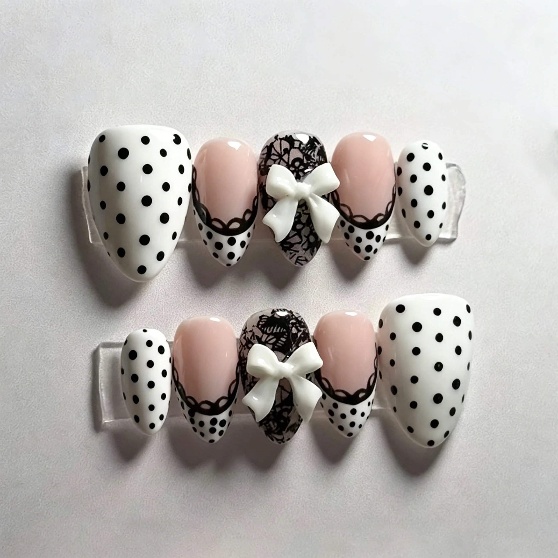24Pcs White Bow Stick on Nail Tips Full Cover Black Polka Dot French False Nail Mid-length Round Acrylic Fake Nails Set Press On
