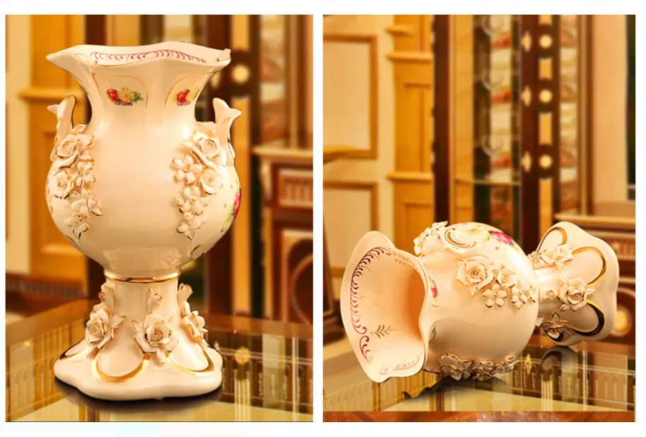 European style vases, porcelain ornaments, luxurious living room flower arrangement, creative light luxury, simple flower arrang