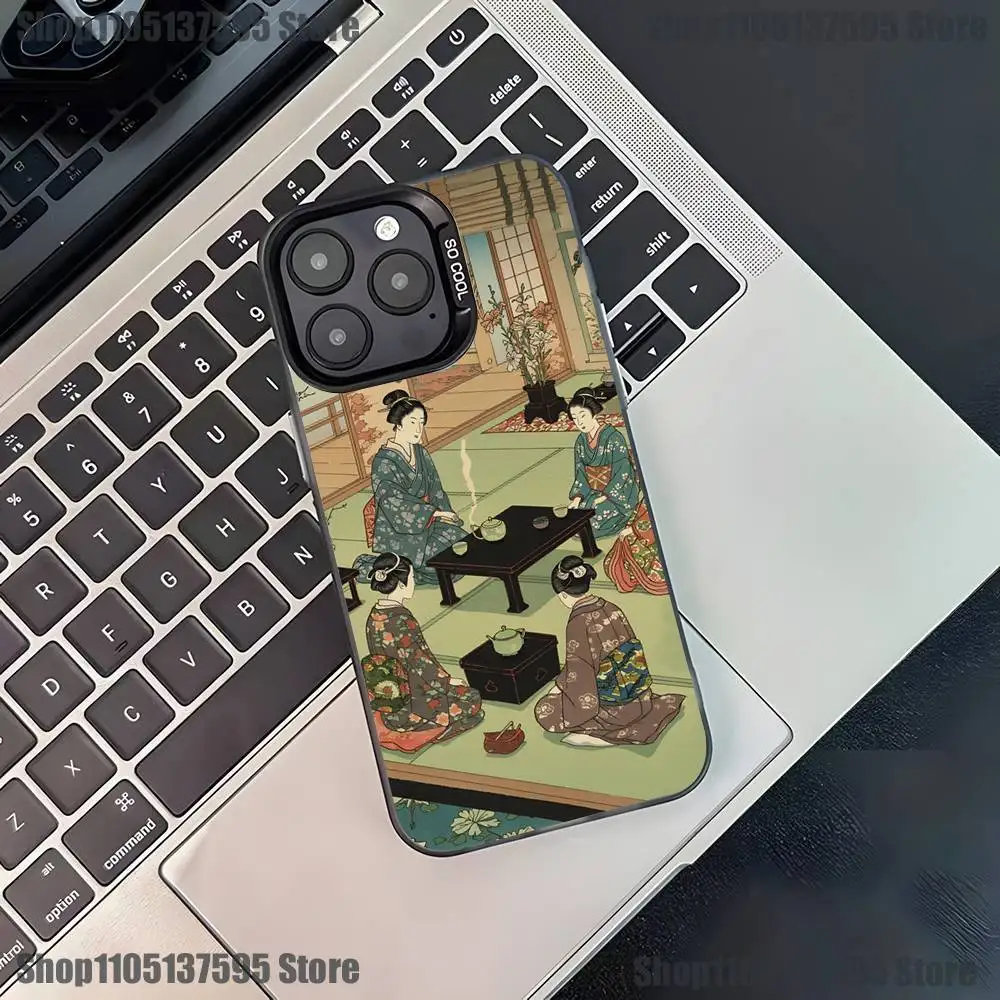 Japan Stijl Ukiyo-e Telefoon Case Voor iPhone 17,16,15,14,13,12,11,Pro,XS,Max,Plus,Mini,SE4,E Zwart Matte Schokbestendige Cover