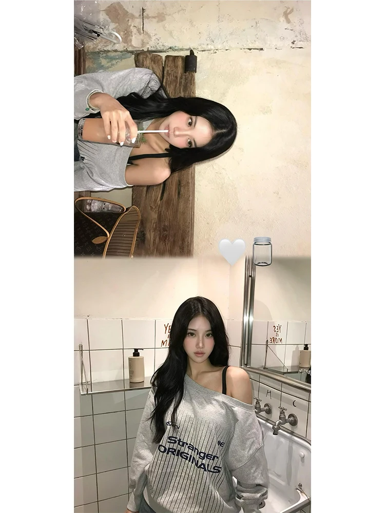 ay American Retro oulder One-oulder Sweatirt Women Spring Autumn Design Letter Print Spicy Long Sve Top