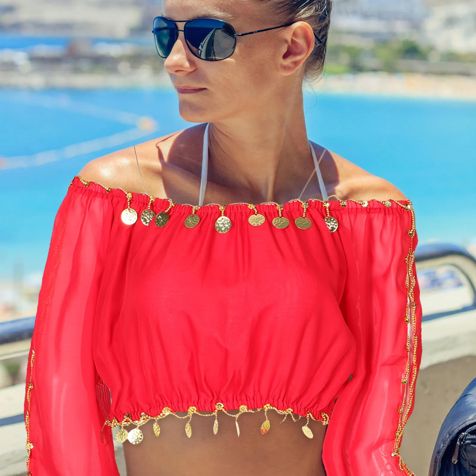 Stage Performance Belly Dancer Costume Long Sleeve Off Shoulder Crop Top Soft Comfortable Fabric for Indian Tribal Dance Elegant