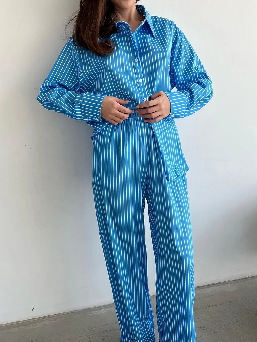 Marthaqiqi Blue Striped Ladies Pajamas Suit Long Sleeve Nightgowns Turn-Down Collar Sleepwear Pants Fashion Female Nightwear Set