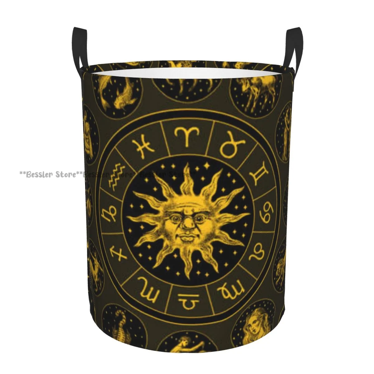 Folding Laundry Basket Zodiac Wheel Astrology Horoscope Background Round Storage Bin Collapsible Hamper Clothes Bucket Organizer