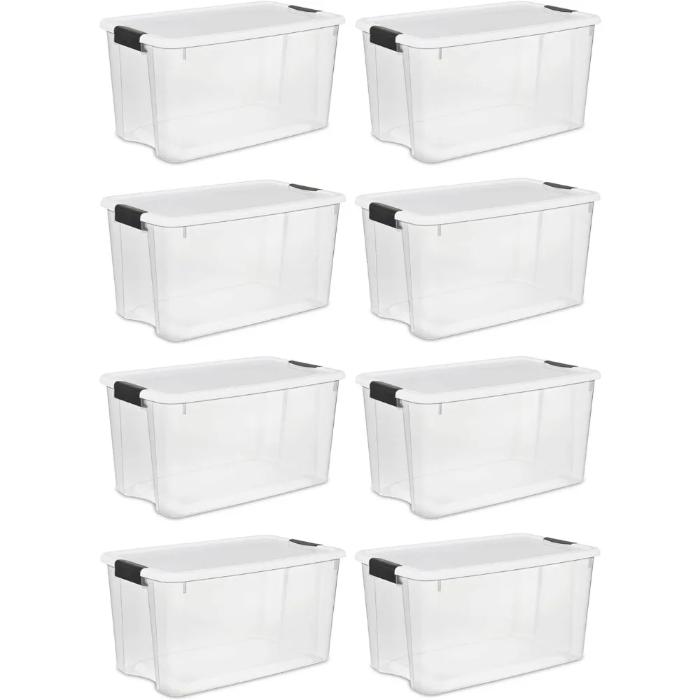 

70 Qt High-capacity Stackable Storage Bin with Latching Lid, Organize Clothes Sport Gear in Basement Clear with White Lid 8-Pack