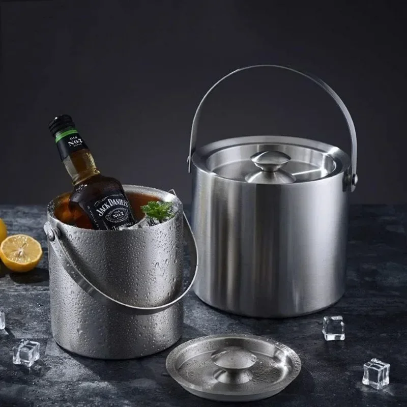 2.0L/3.0L Ice Bucket with Lid Strainer Tong Double Walled Stainless Steel Insulated Ice Bucket Ice Container Cooler Good Sealing