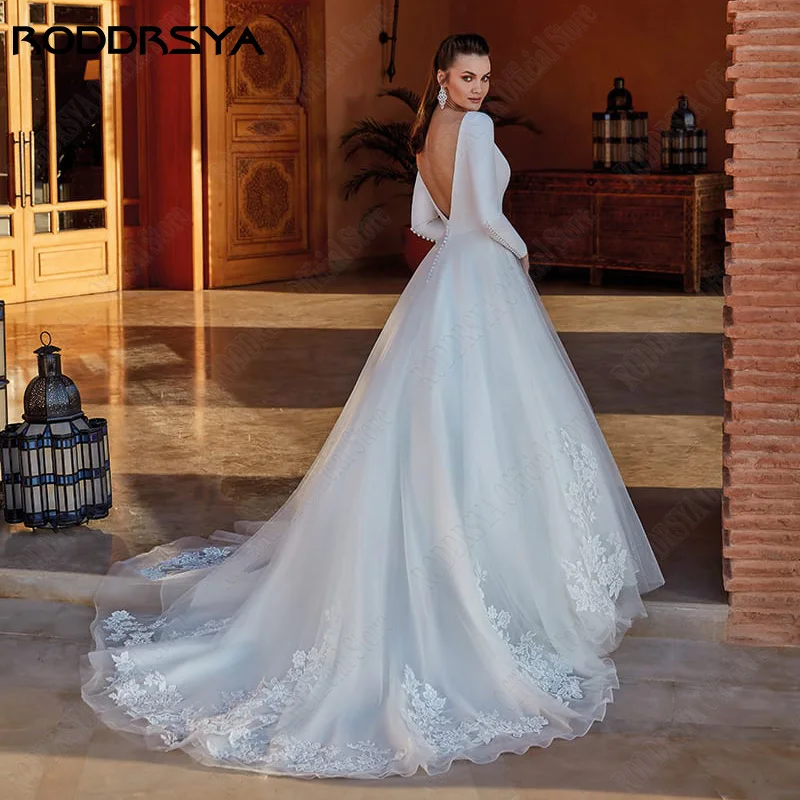 RODDRSYA Civil Scoop Neck Satin Wedding Dress Princess Backless Long Sleeve Bridal Gown Applique Tulle A Line vestidos de novia