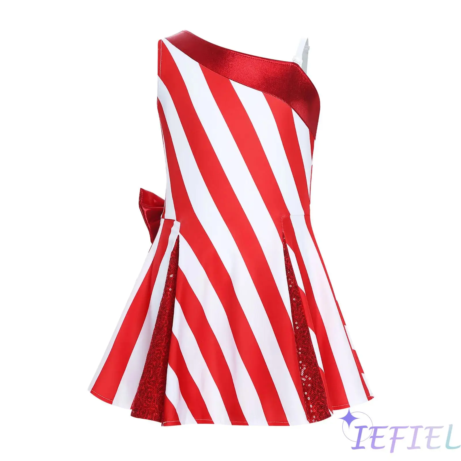 

Kids Girl Christmas Candy Cane Dance Dress One Shoulder Metallic Bow Sequins Contrast Color Striped Dress for Christmas Dress Up