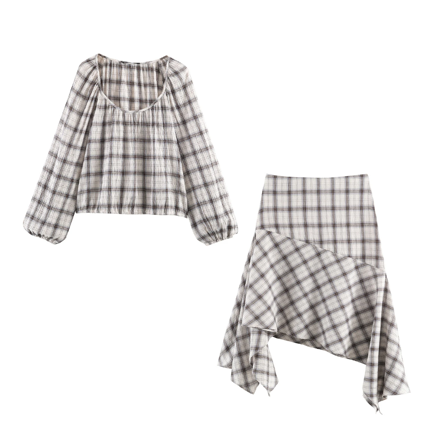 

European and American style 2026 spring new women's plaid elastic shirt asymmetrical skirt set