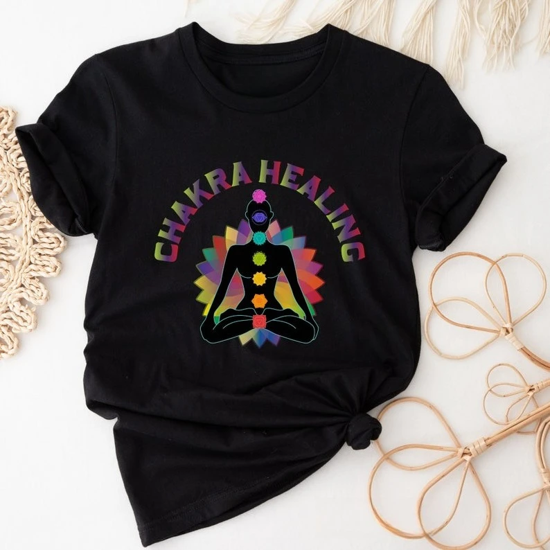 

Chakra Unique Healing Human Body Seven Chakras Yoga Gift Meditation Pilates Tee Instructor Reiki High Quality Cotton Short-sleev