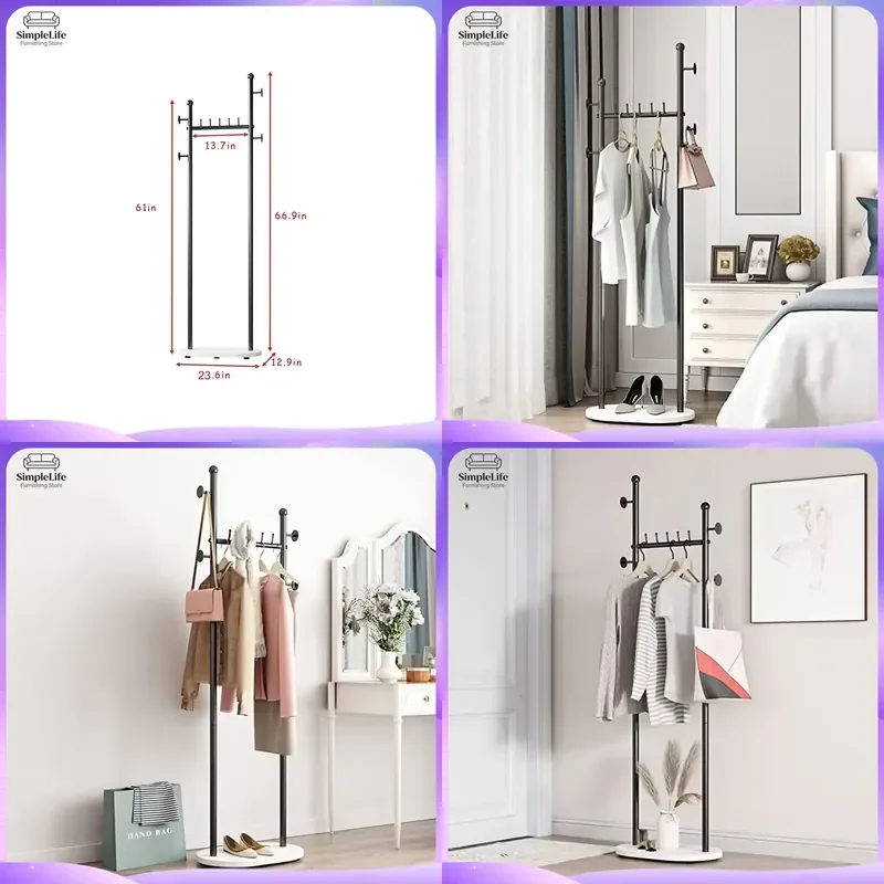 Modern Metal Coat Rack Stand Free Standing Hall Tree with Hooks for Hats Bags Clothes Organizer Furniture for Bedroom Living