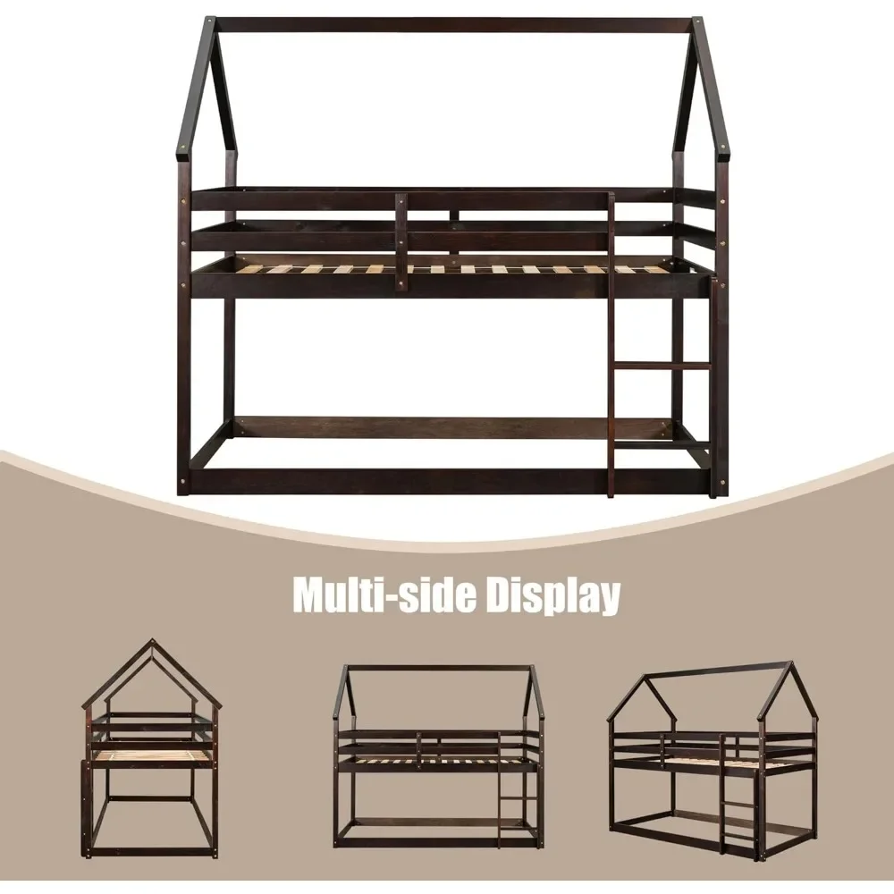 Litera de casa con escalera y barandilla de seguridad para adolescentes, madera maciza, forma de casa, marco de dos literas