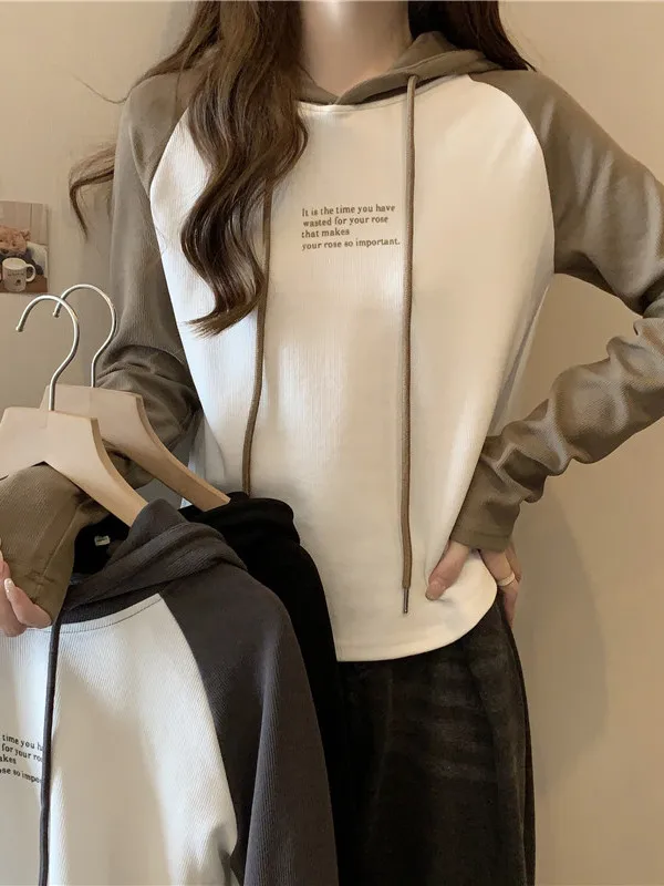 Modal Long Sleeve T-Shirt Women's Simple Autumn Fashion New Color Block Drawstring Hooded Back Covering Collar Top