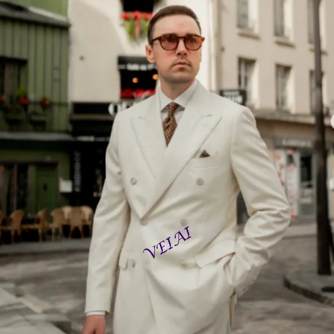 

White Wedding Men Suit Peak Lapel Double Breasted Prom Groom Business Formal Party Blazer Fashion Blazer Pants Customized