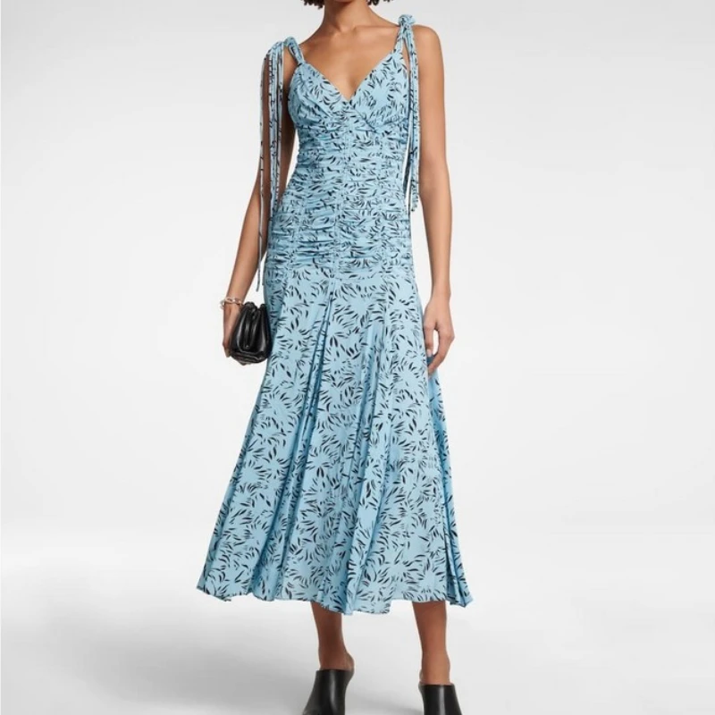 

2023 New Women Flower Print Maxi Dress V Neck Lacu Up Strap Folded Waist Long dress