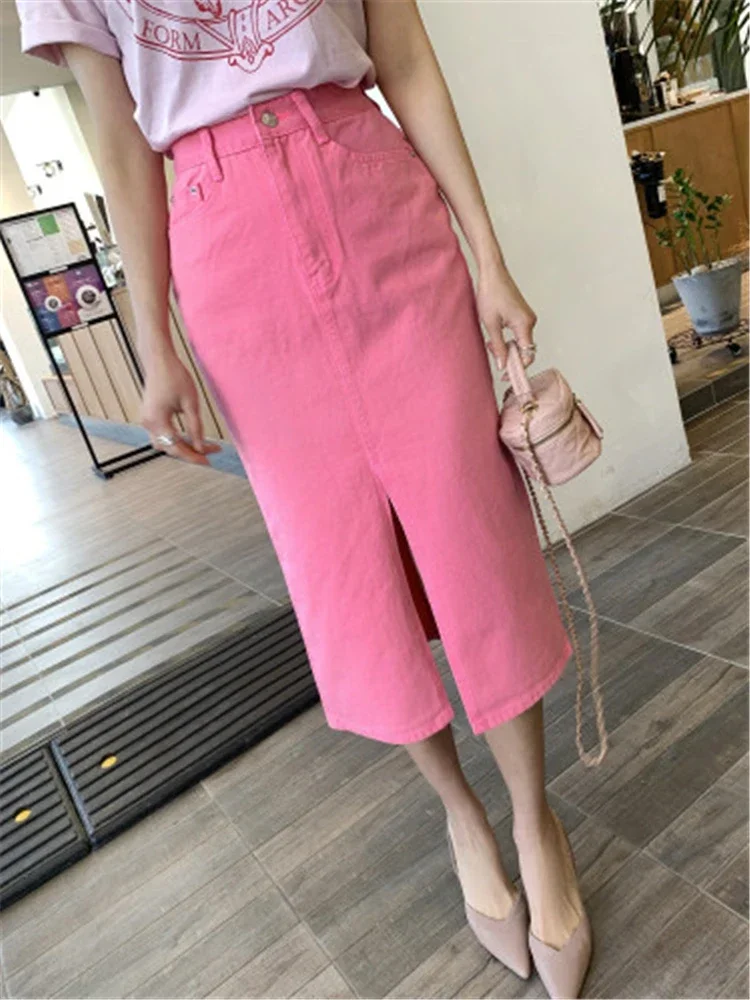 REALEFT Spring Summer High Waist Women\'s Denim Pencil Skirts 2024 New Casual Front Split Jeans Pink Wrap Midi Skirts Female