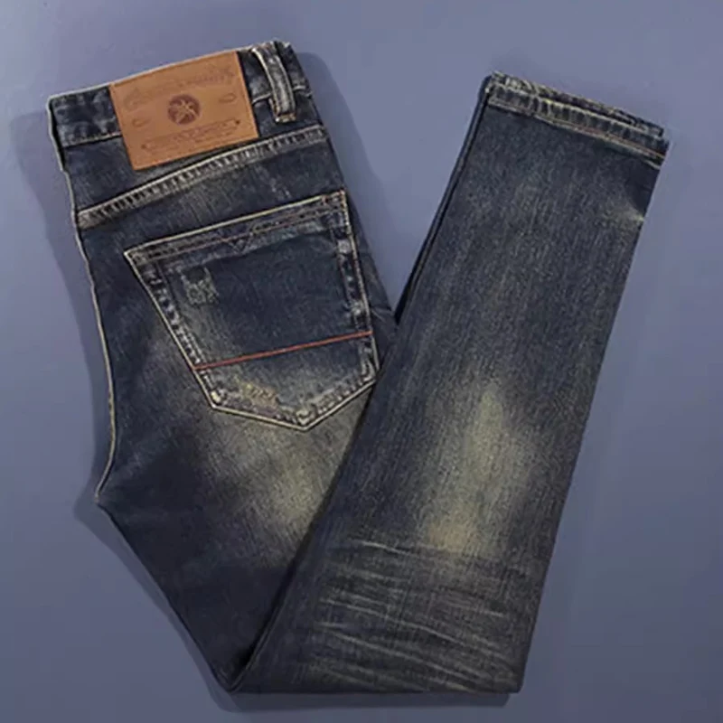 Pakaian jalanan modis Jeans kualitas tinggi Retro biru tua elastis Slim Fit celana Jeans Split pria celana Denim desainer Retro H