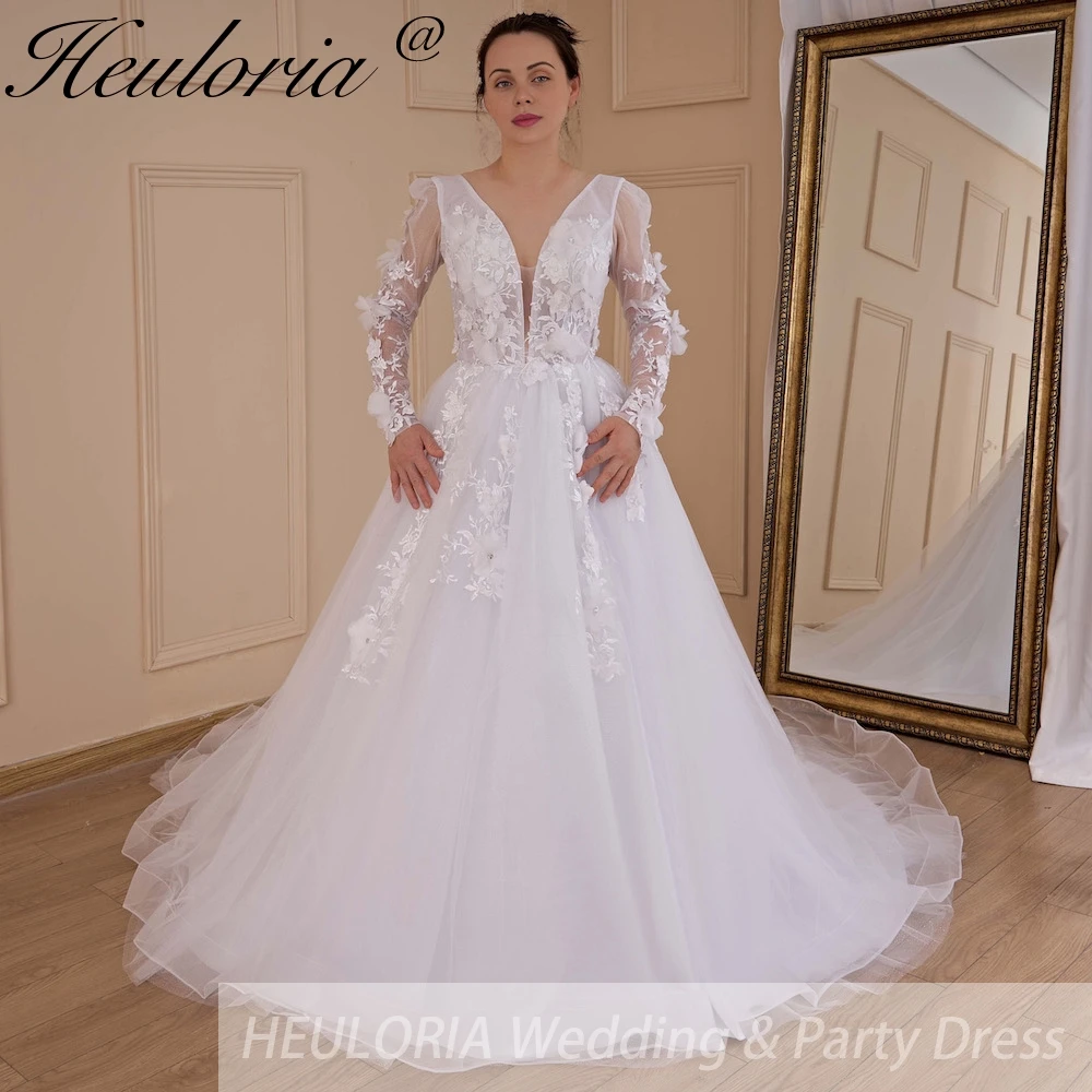 

HEULORIA elegant A line wedding dress V neck long sleeve split lace beading bride dress Robe De Mariee Wedding Bride Dress