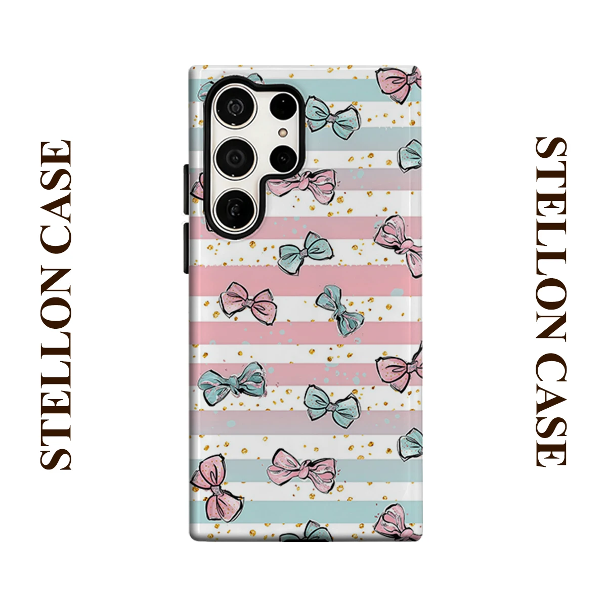 Stripe Glitter Bow For Samsung Galaxy Phone Case S23 S20 S25 FE S24 Plus S26 Ultra 2-IN-1 Shockproof Bumper Hard PC