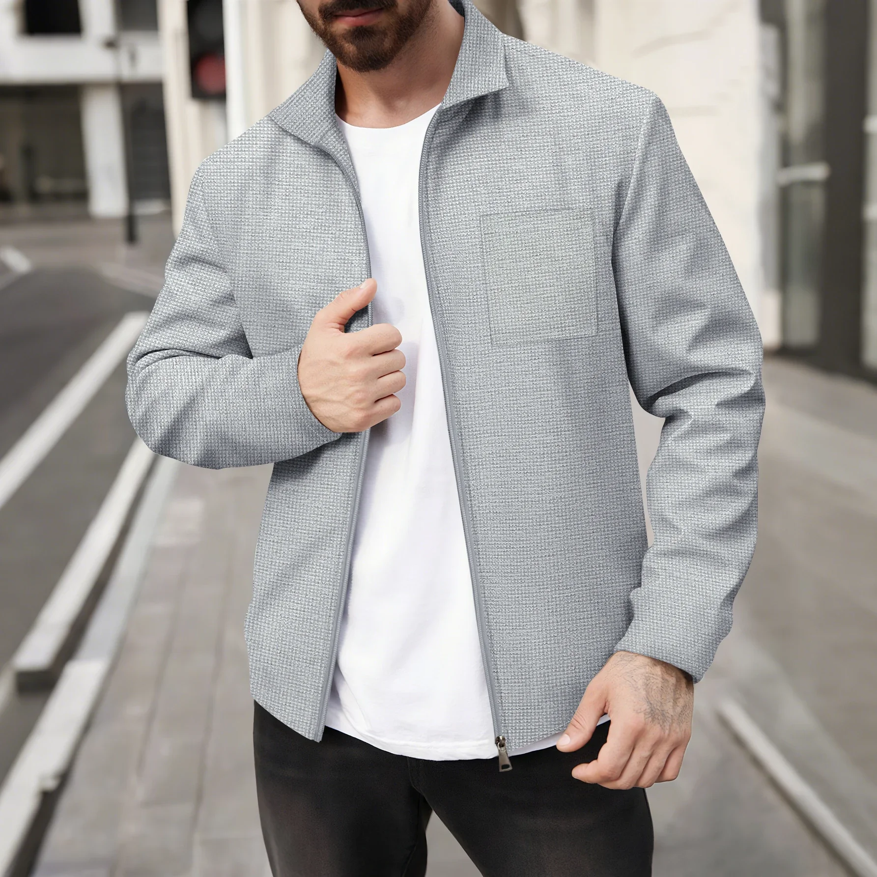 Men's waffle knit button-up jacket - casual long-sleeved, with a stand-up collar design, lightweight coat featuring a chest pock