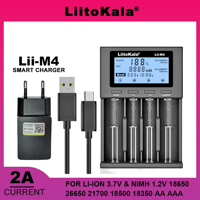 Liitokala Lii-PD4 M4 LCD 3.7V/1.2V/3.2V/3.8V NiMH 18650 16340 18350 18500 21700 20700 26650 Recharge Lithium Battery Charger