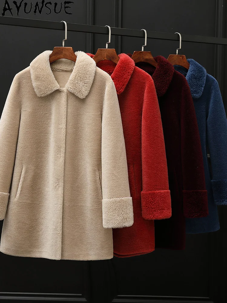 معطف صوف 100% من AYUNSUE للنساء 2025 جاكيت شيرلينغ من الأغنام الحقيقي ملابس شتوية للسيدات من الفرو المركب pallltt Жengarskie متوسط الطول