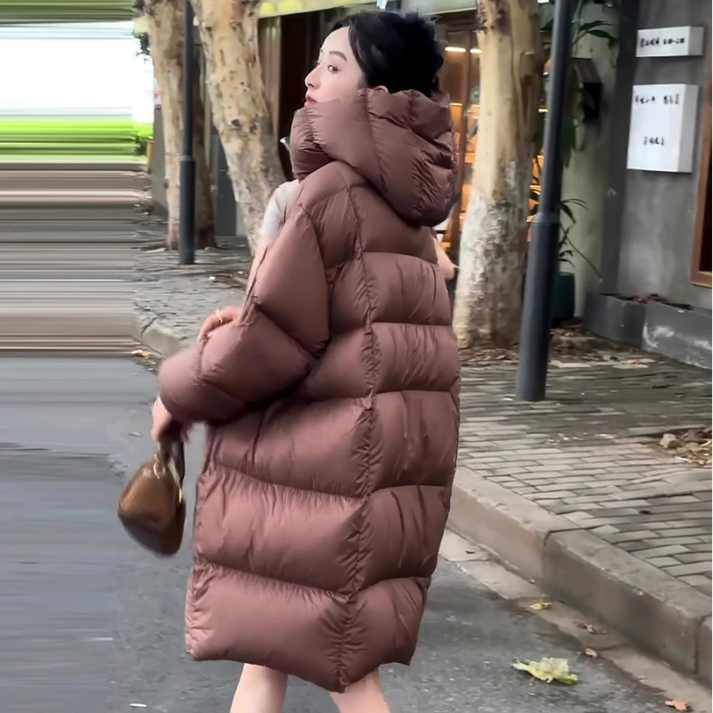 Coffee Colored Puffy Hooded Down Jacket, Korean Version Medium To Long Thick and Warm Loose Jacket, Women 2025 Winter New Style