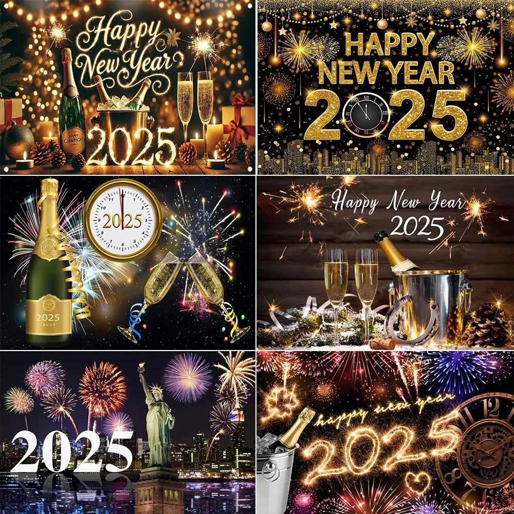 2025 Happy New Year Theme Sparklers Fireworks Celebrate Glitter Gold Champagne Clock Party Family Christmas Background Decor