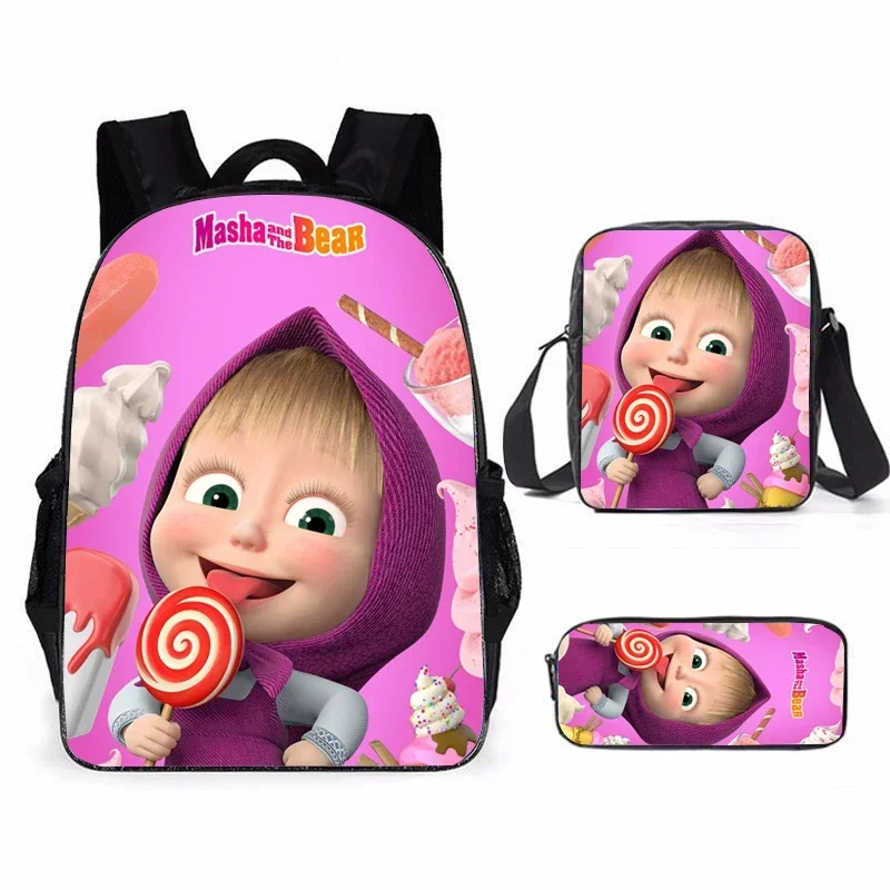 3pcs Masha And The Bear Schoolbag Set, Anime Print Student Backpack, Casual Backpack For Girls And Kids