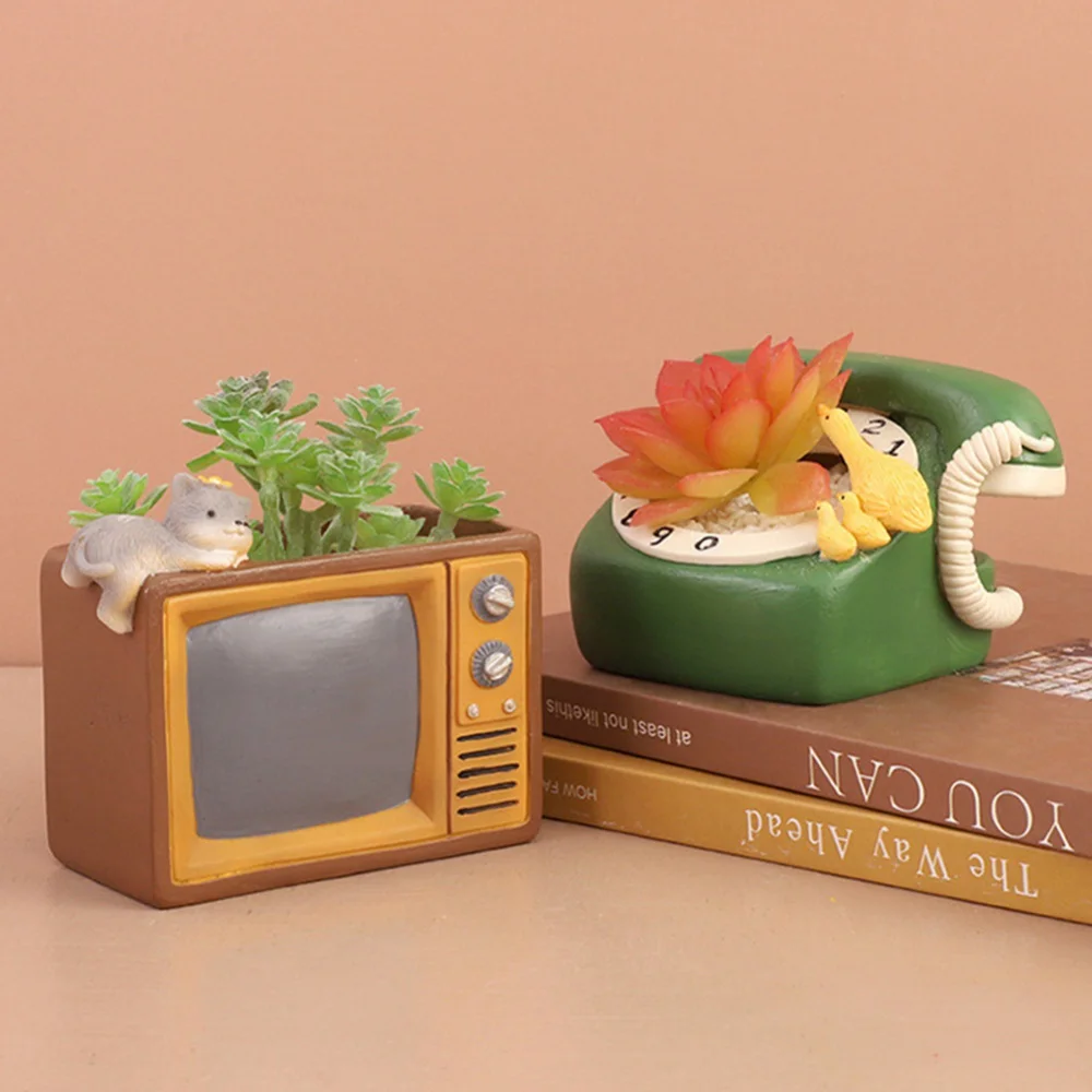 Resin Flower Bonsai Plant Pot Flower Pot 10cm Retro TV Radio Shaped Succulent Plants Holder Home Garden Decor Desktop Ornaments