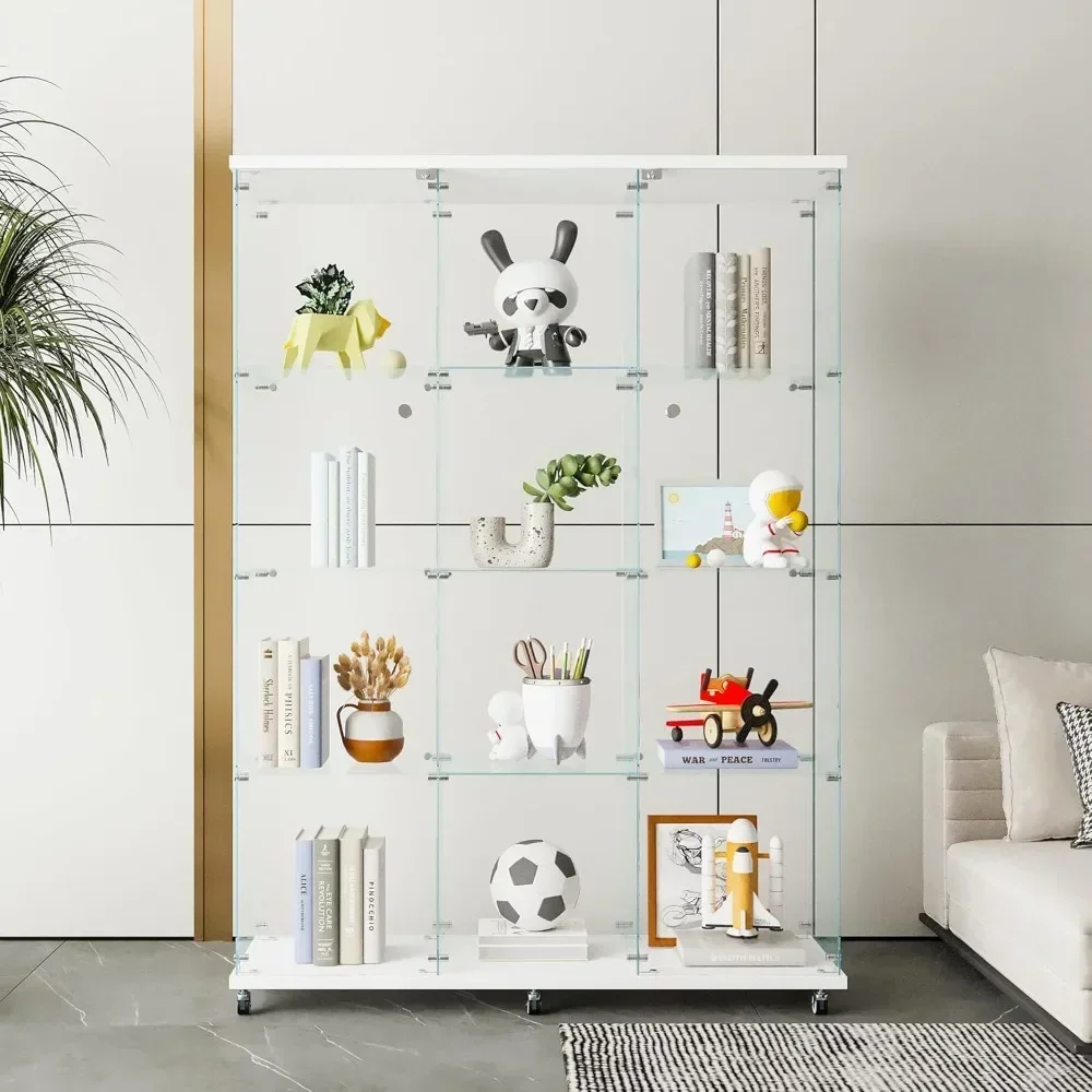 XMSJ Glass Display Cabinet, Curio Cabinets for Living Room, Bedroom, Floor Standing Glass Bookshelf, Quick Installation