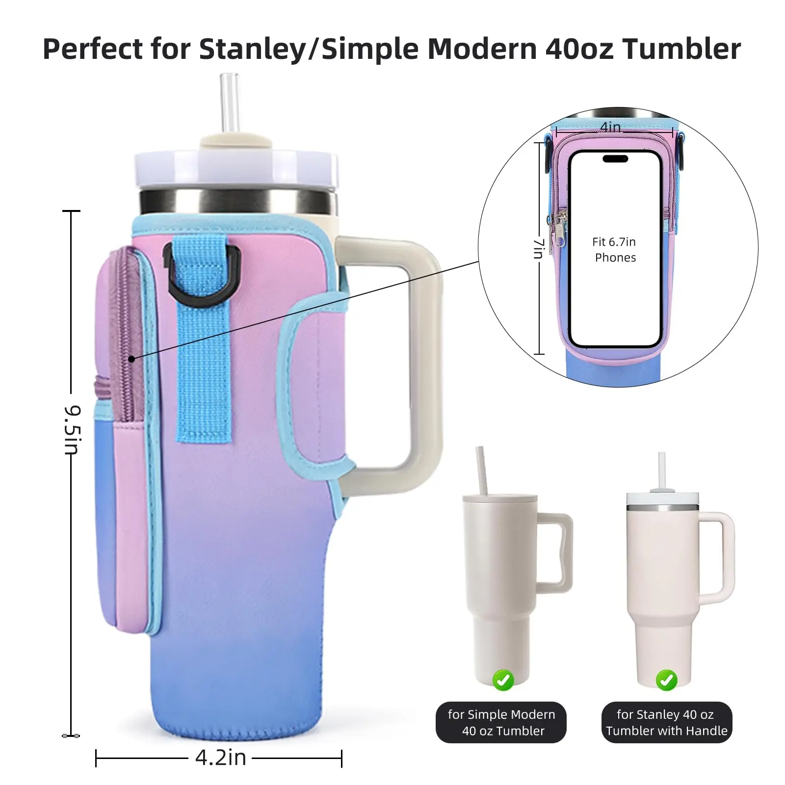 Water Bottle Carrier Bag for Stanley 40oz Tumbler with Phone Pocket Water Bottle Holder with Strap Neoprene Water Bottle Pouch