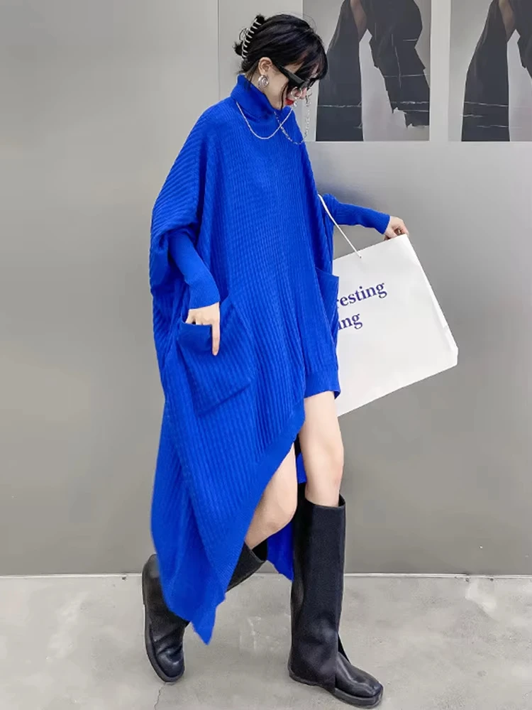 

Women Blue Irregular Back Long Big Size Knitting Dress New Turtleneck Long Sleeve Fashion Tide Spring Autumn 2024 1DF9757