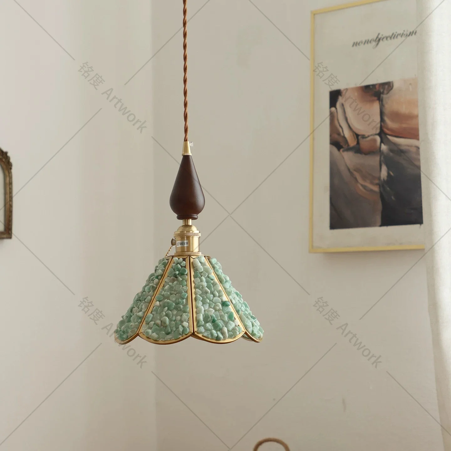 Jade bedroom headboard pendant light, foyer cabinet, all copper wiring free, antique French style resumption pendant light