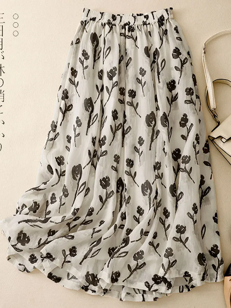 الرجعية الأزهار القطن الكتان ميدي تنورة المرأة الصيف عالية الخصر ألف خط مظلة تنورة Ele Dra منتصف طول الكتان تنورة #1