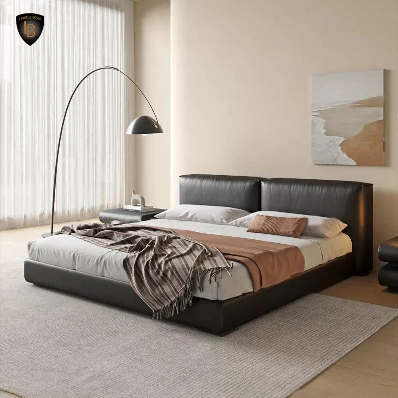 

Modern Queen-Size Floating Upholstered Leather Bed with Soft Headboard & Night Table Home Furniture with Storage Feature