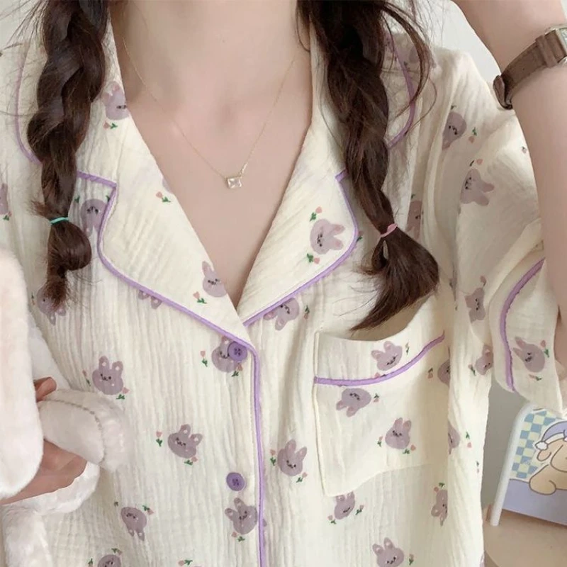 Summer Women\'s Short-sleeved Shorts Pajama Suit Lapel Cotton Shirt Cute Bunny Print Can Be Worn Outside 2024 Hot Sale