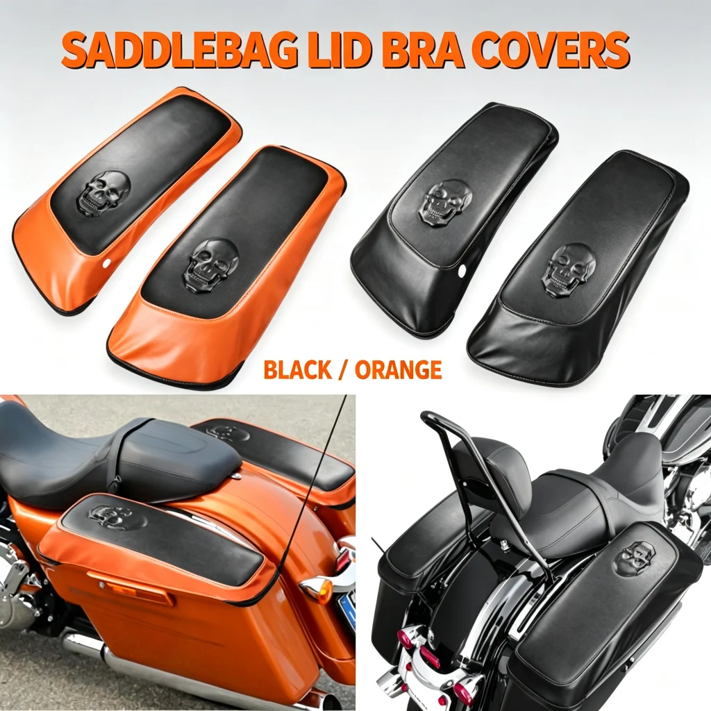 Motorcycle Accessories Saddlebag Lid Covers for Harley Touring 2014-2023 Street Road Glide Black/Orange Skull Protector