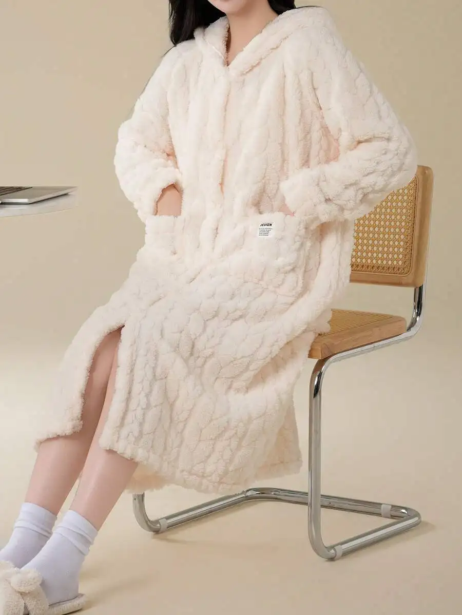 Womens Solid Color Thick Fleece Hooded Long Sleeve Robe With Pockets Sleepwear