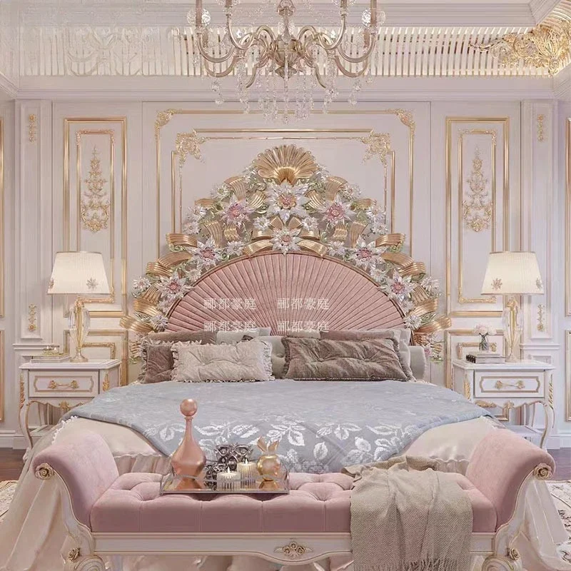 

HS Французская двуспальная кровать из цельного дерева с веером, европейская резная свадебная двуспальная кровать, вилла, высококачественная двуспальная кровать