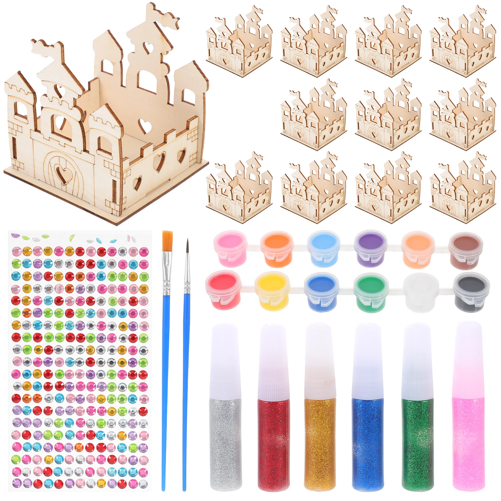 

12 Wooden Castle Crafts Unpainted DIY Kids Toys Gift Kit Self Painting Paste Miniature Dollhouse School Classroom Princess Party