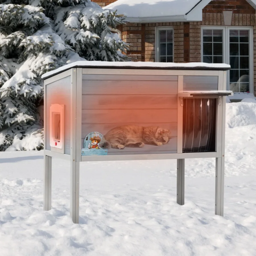

Outdoor Insulated Cat House Wood Pet House w High Legs Doors Openable Roof Weatherproof Cat Animal Shelter for Winter Gray