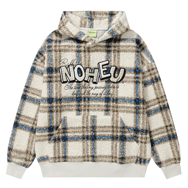 

Зимний клетчатый пуловер с капюшоном для женщин и мужчин, теплая толстовка с капюшоном из шерпа, мягкая клетчатая уличная одежда, повседневные топы, одежда