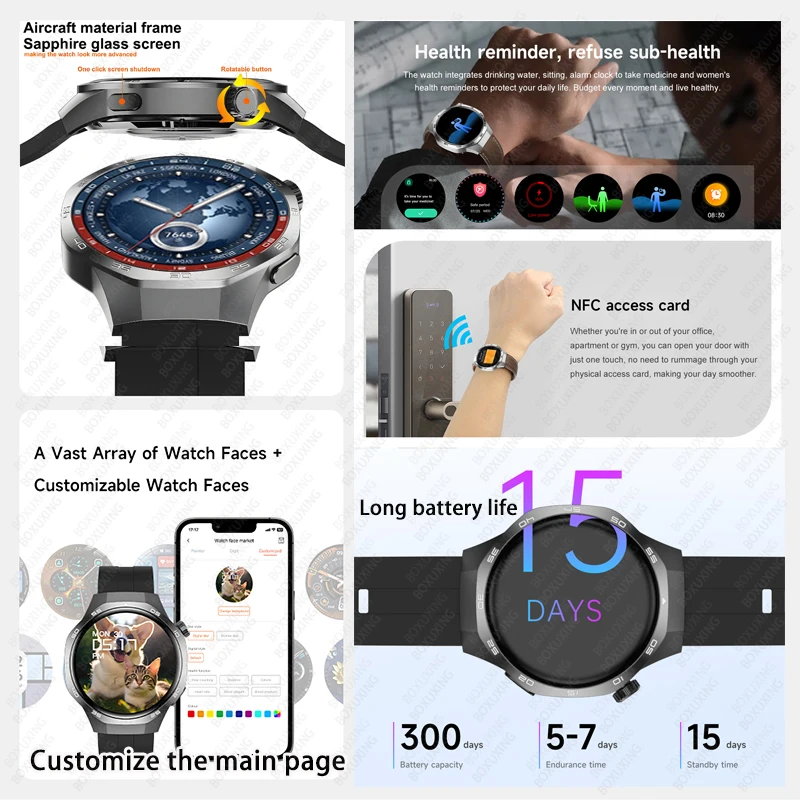 For Huawei Xiaomi NFC Smart Watch Men GT3 Pro AMOLED 390*390 HD Screen Heart Rate Bluetooth Call IP68 Waterproof SmartWatch 2024