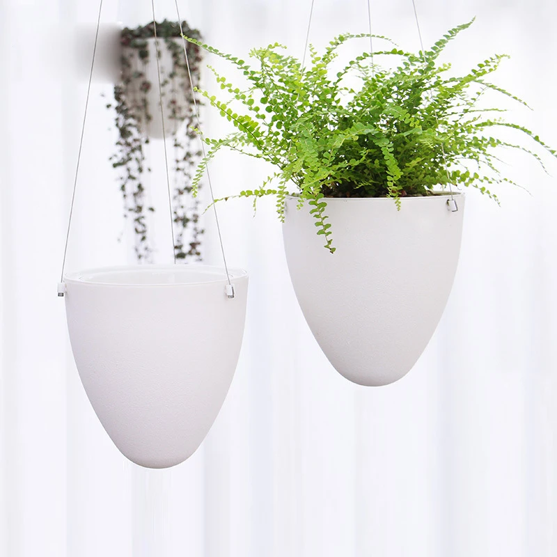 New White Egg Shaped Hanging Basin Flower Pots Lazy Flowerpot Steel Wire and Cotton Rope Hanging Basins Water Storage Flower Pot