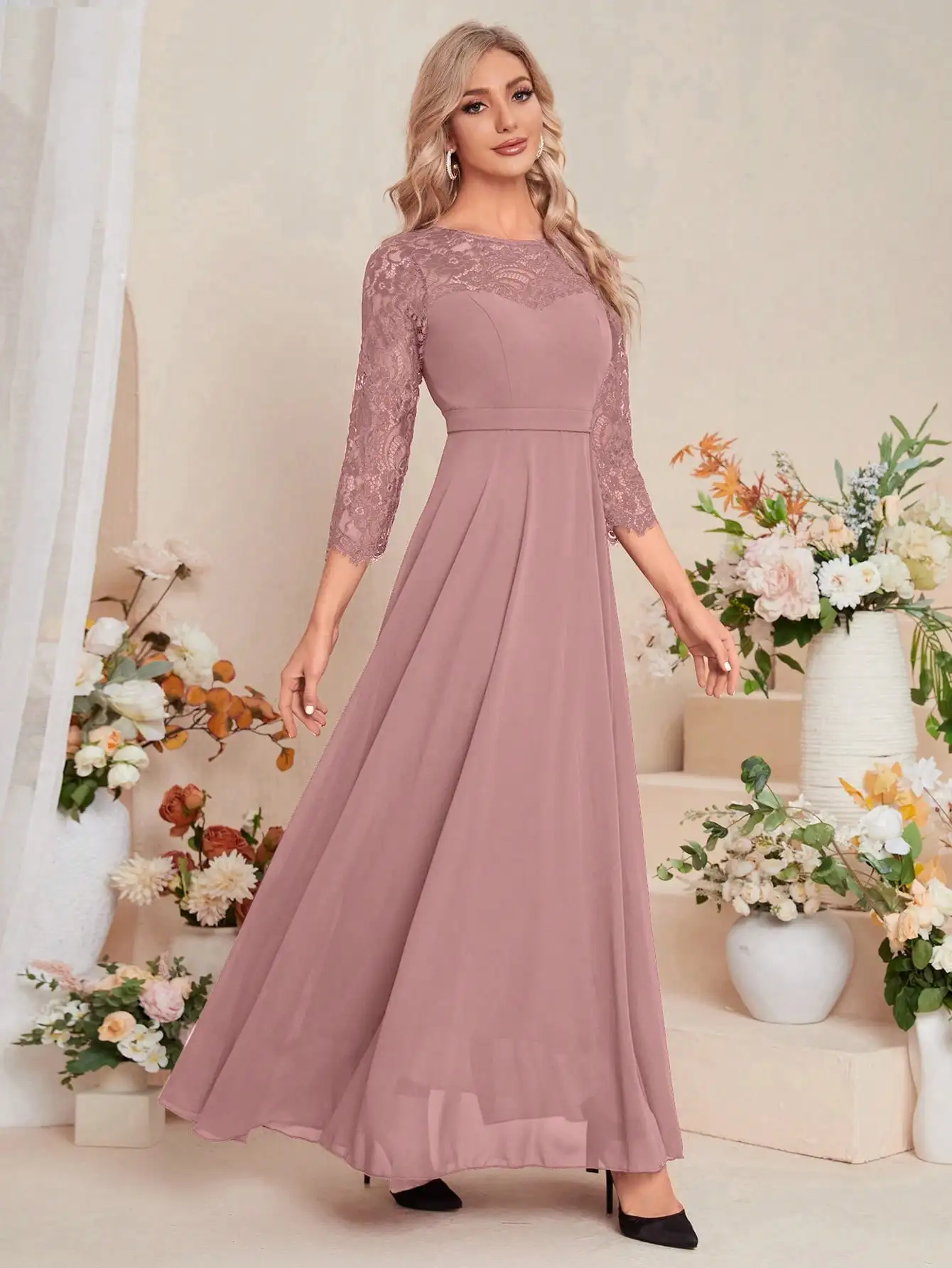 Unithorse Elegant Contrast Lace Chiffon Bridesmaid Dress