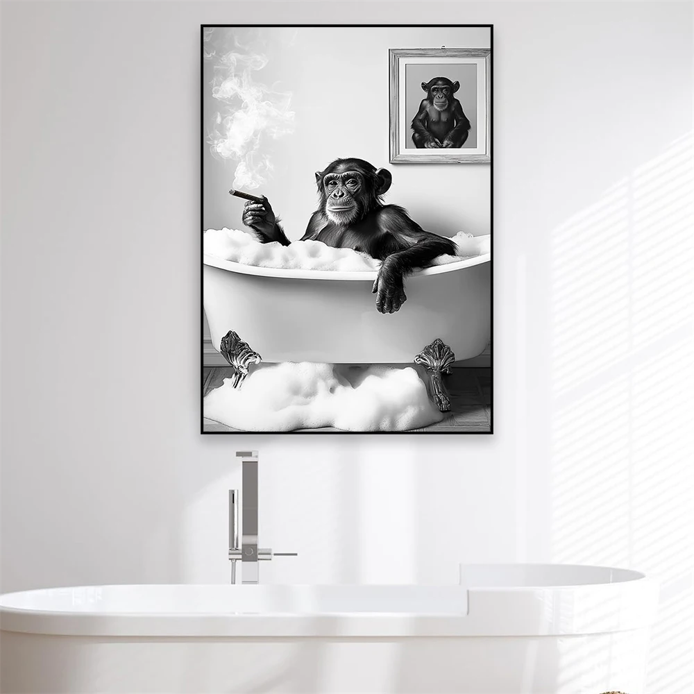 Funny Black And White Bathroom Poster Raccoon Wearing Bathrobes Toilet Wall Art Print Animal Canvas Painting Bathroom Art Poster